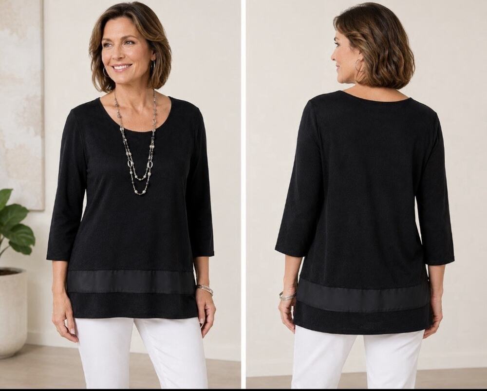 Chico's Travelers Black 3/4 Sleeve Top Size 4, 2X Slinky Classic Mesh Trim NEW
